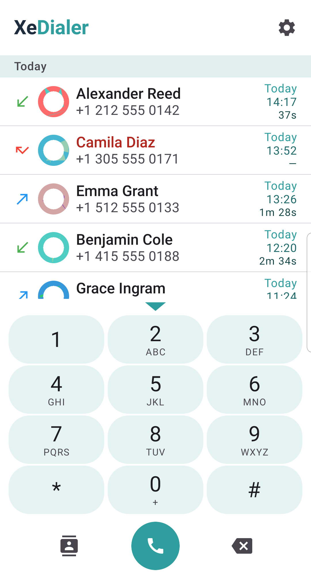 XeDialer main screen with call log and T9 keypad, light theme