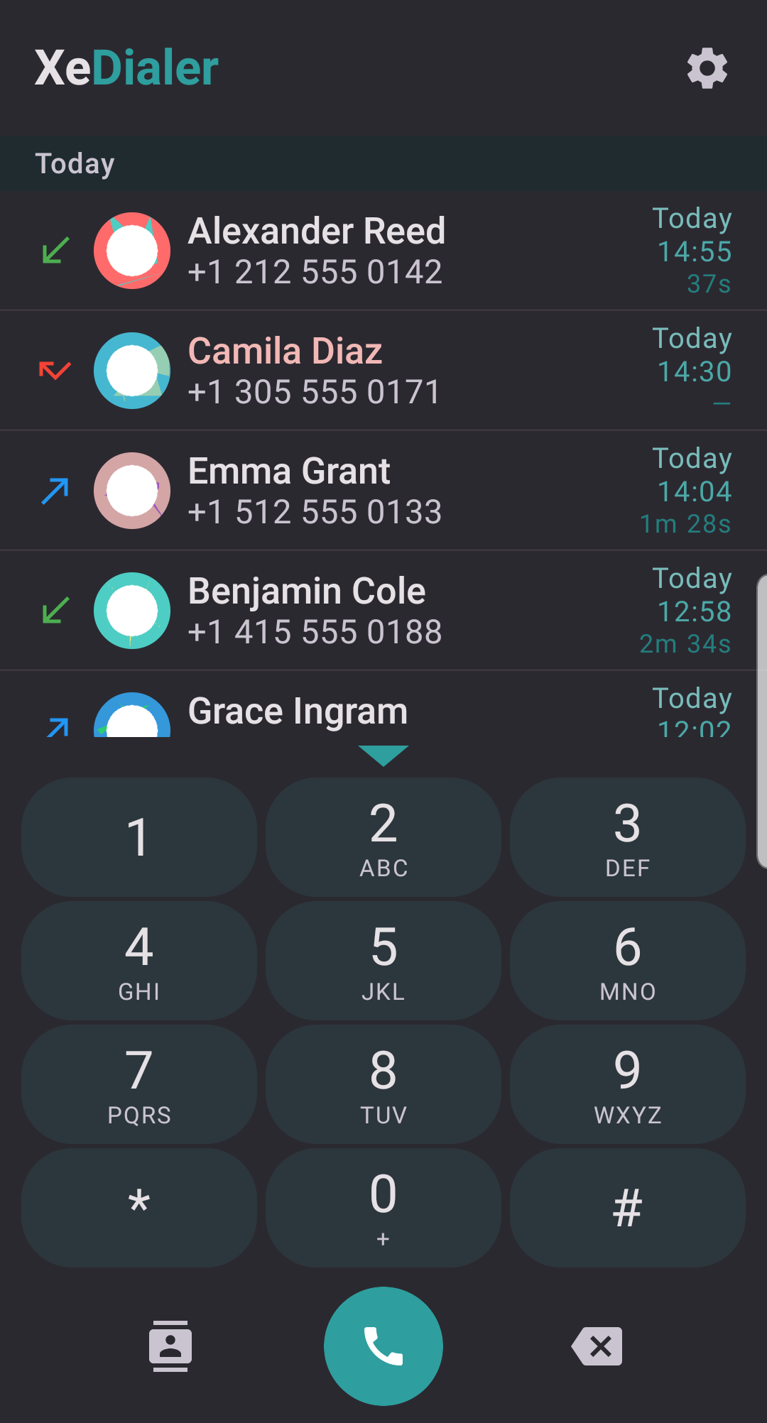 XeDialer dialer screen in dark theme