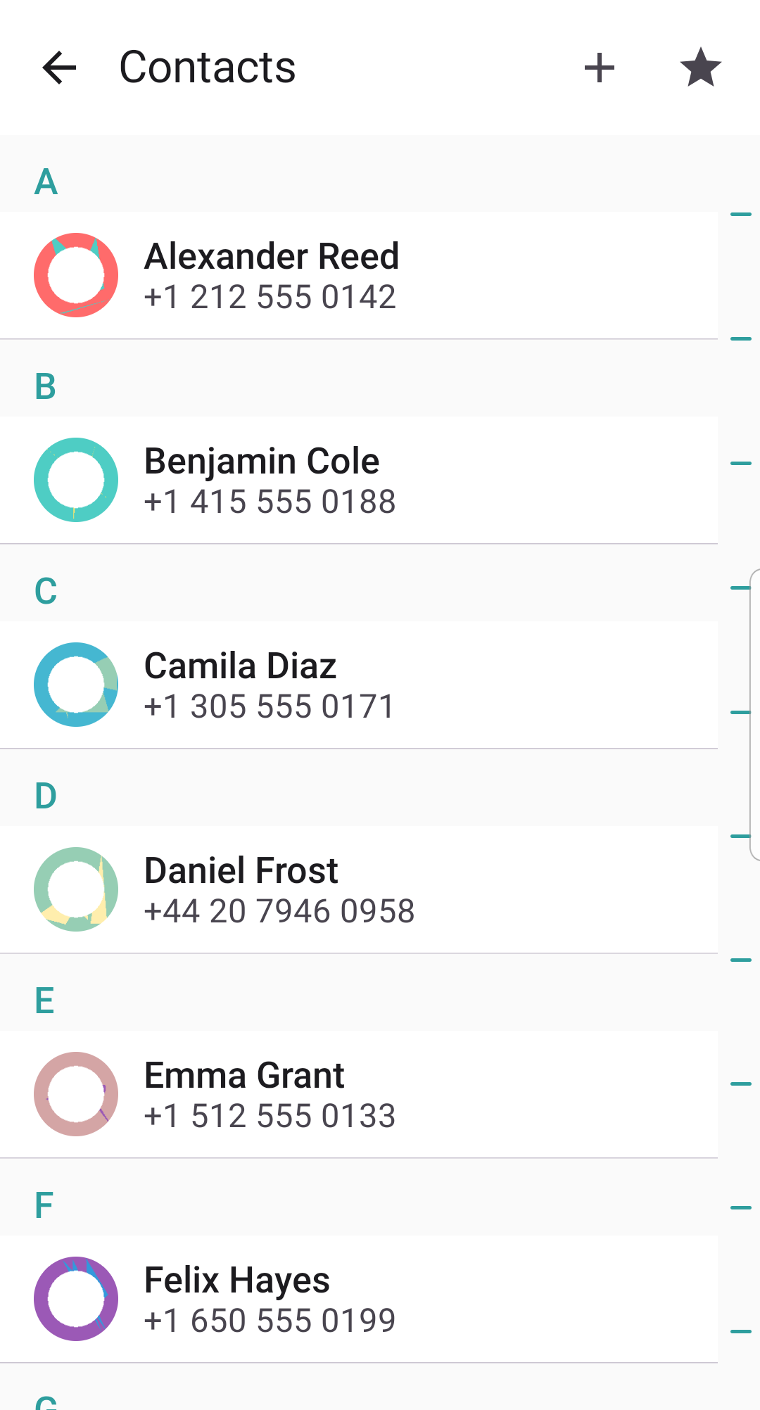 XeDialer contacts list with alphabet index