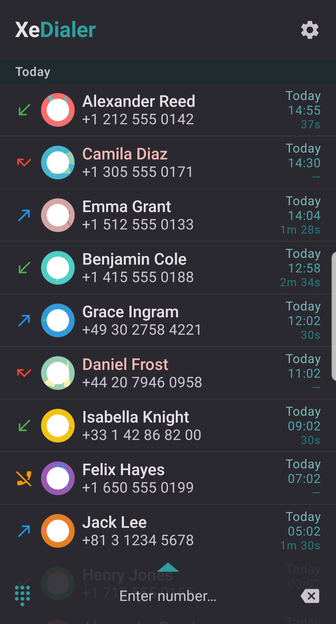 XeDialer dialer with collapsed keypad and full call log